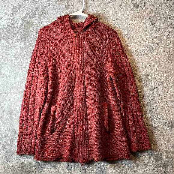 Royal Robbins Chunky Knit Red Marled Wool Blend Cable Knit Zip Up Jacket Size LG - Picture 1 of 7